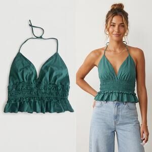 Sim & Sam Teal Y2K Style Smocked Halter Top Cottagecore Boho Peplum Blouse Med
